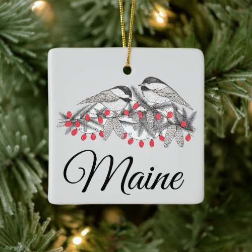 Maine Chickadee Bird Winter Christmas Holiday Snow Ceramic Ornament