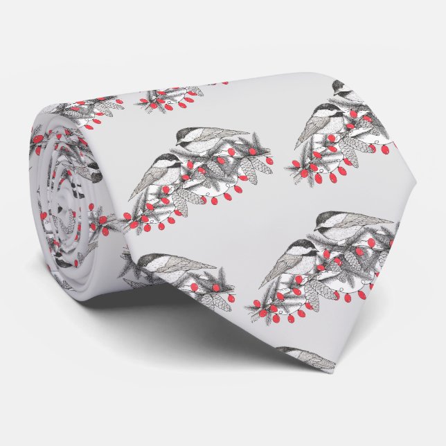 Maine Chickadee Bird Winter Christmas Holiday Snow Neck Tie (Rolled)