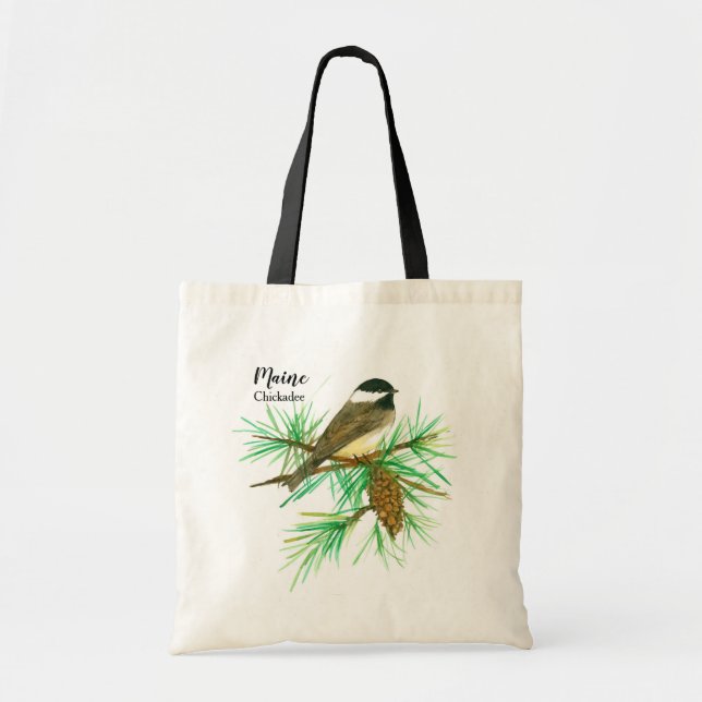 Maine Chickadee White Pinecone Tassel Forest Tote Bag (Front)