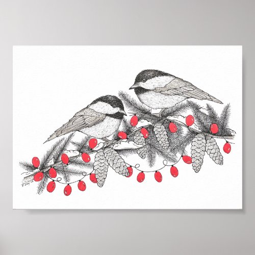 Maine Chickadees Pen and Ink Bird Art Illustration Poster