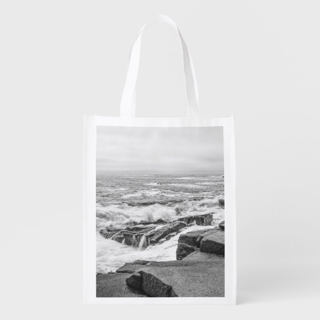 Maine Coast Acadia Ocean Black and White Grocery Bag (Front)