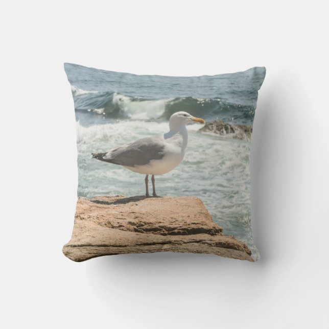 Maine Coast Acadia Ocean Seagull Outdoor Pillow (Front)