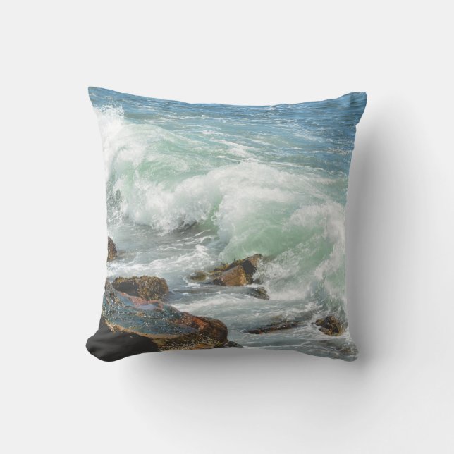 Maine Coast Acadia Ocean Waves Throw Pillow (Front)
