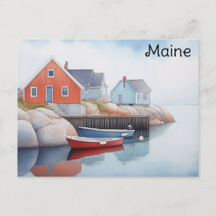 Maine Coast Colorful Houses Watercolor Travel Postcard