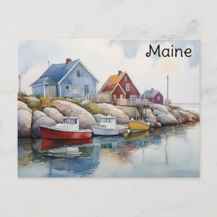 Maine Coast Colorful Houses Watercolor Travel Postcard