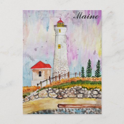 Maine Coast Lighthouse Watercolor Travel Postcard