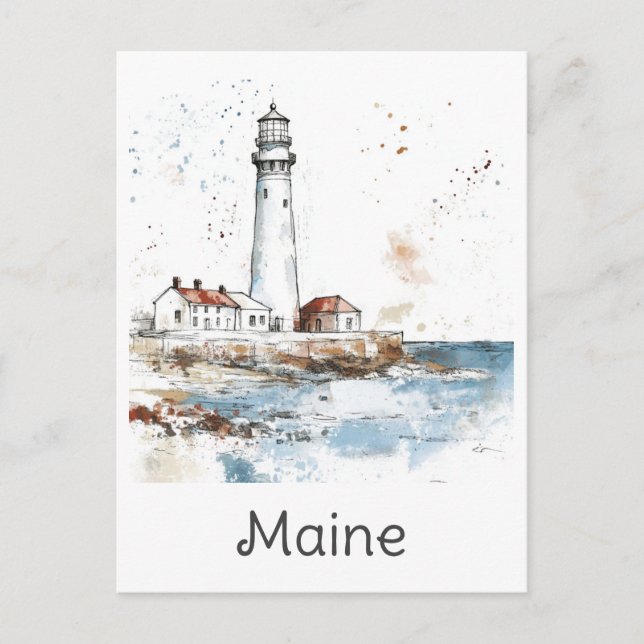 Maine Coast Lighthouse Watercolor Travel Postcard (Front)