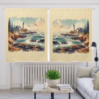 Maine Coast with Vintage Lighthouse AI Curtain