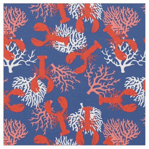 Maine Coastal Lobsters Red White Blue Patterned Fabric
