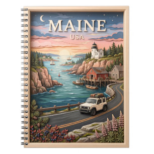 Maine Coastal Road Trip Lighthouse Vintage Texture Notebook