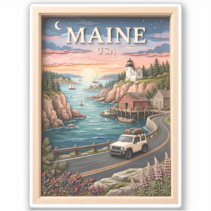 Maine Coastal Road Trip Lighthouse Vintage Texture Sticker