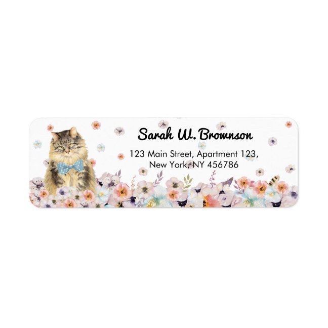 Maine Coon American Cat blue bowtie sitting flower Label
