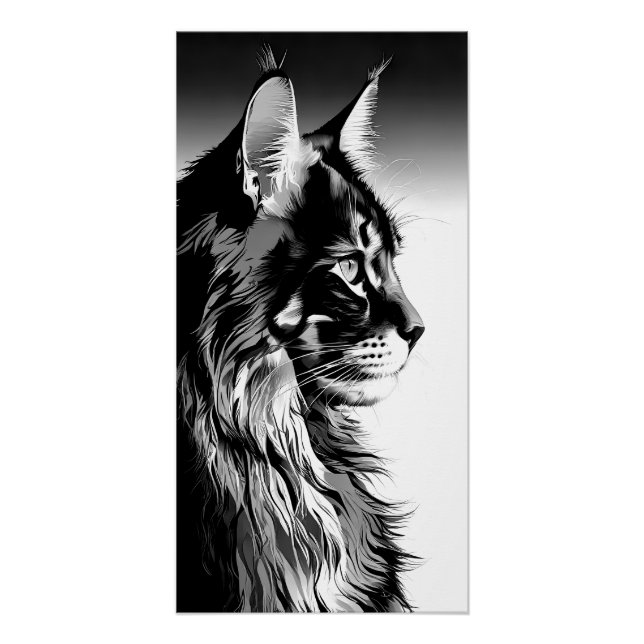 Maine Coon Art Print: Black & White Cat Portrait Poster (Front)