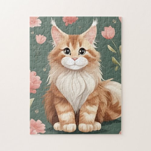 Maine Coon Art with pink flowers Jigsaw Puzzle