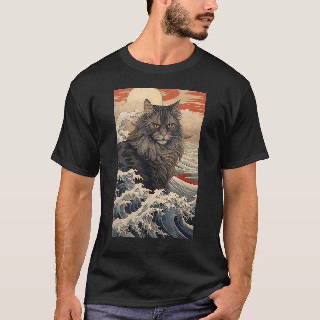 Maine Coon Cat Aesthetic Japanese Ukiyo e 2 T-Shirt (Front)