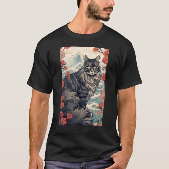 Maine Coon Cat Aesthetic Japanese Ukiyo e 5 T-Shirt (Front)