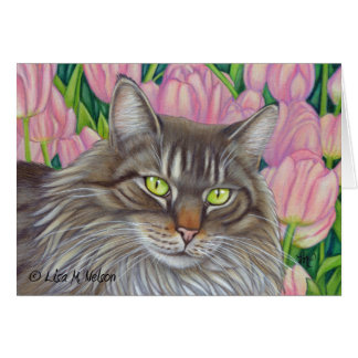 Maine Coon Cat and Pink Tulips Cards