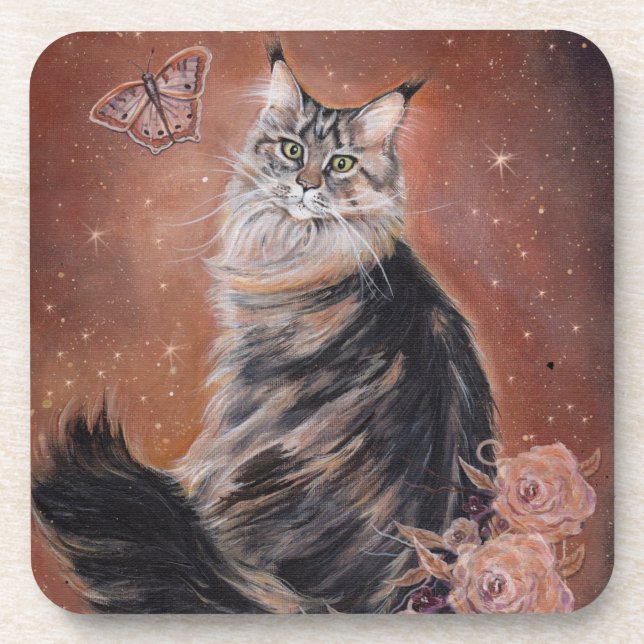 Maine coon cat art by Renee Lavoie   Beverage Coaster (Front)