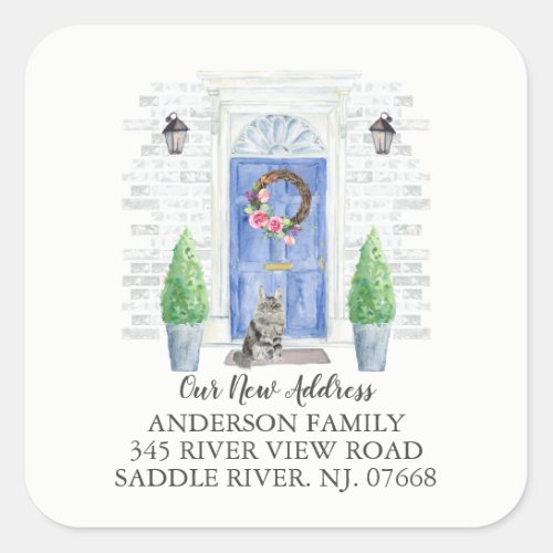 Maine Coon Cat Blue Door New Address Label Sticker