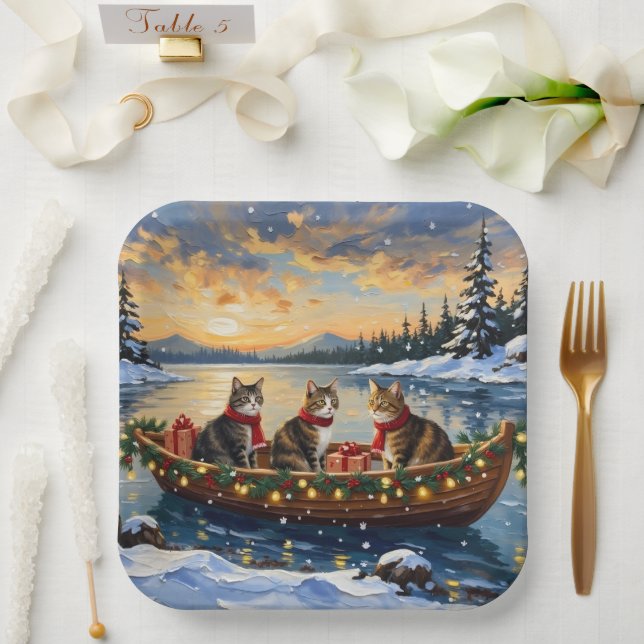 Maine Coon Cat Christmas Boat Holiday Paper Plates (Wedding)
