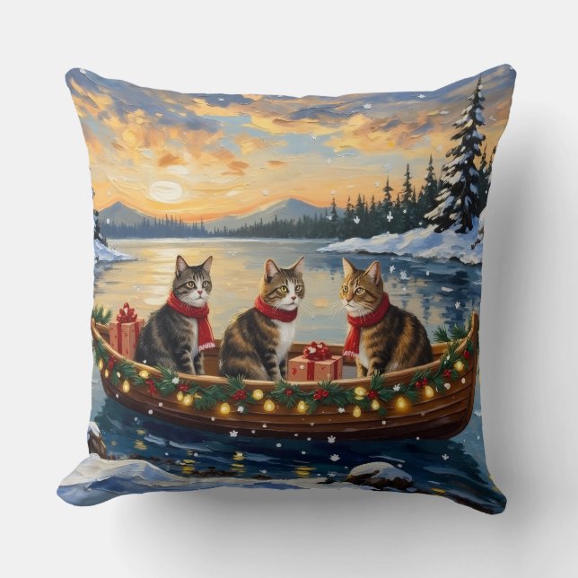Maine Coon Cat Christmas Boat Holiday Throw Pillow (Front)
