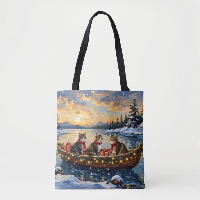 Maine Coon Cat Christmas Boat Holiday Tote Bag (Front)