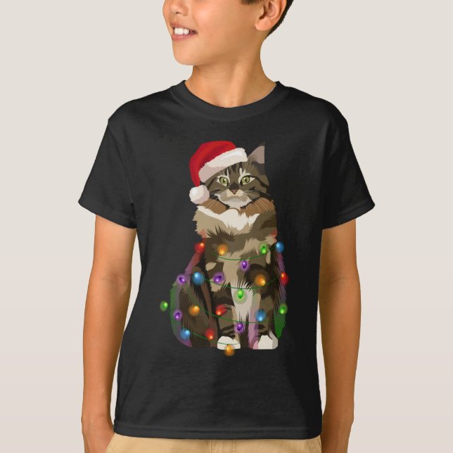 Maine Coon Cat Christmas Lights Xmas Cat Lover T-Shirt (Front)