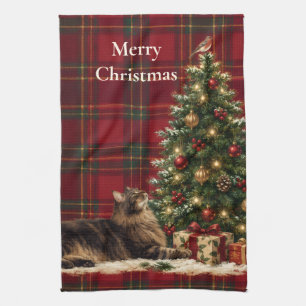 Maine Coon Cat Christmas Red Tartan Plaid Kitchen Towel