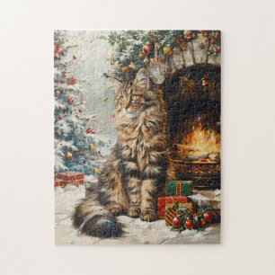 Maine Coon Cat Christmas Vintage Art Jigsaw Puzzle