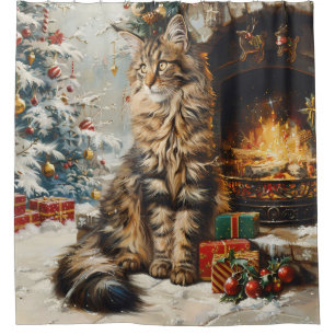 Maine Coon Cat Christmas Vintage Shower Curtain