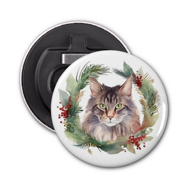 Maine Coon Cat Christmas Wreath Festive Kitten Bottle Opener (Front)