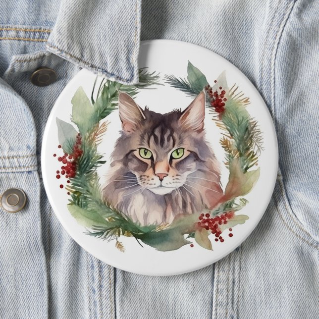 Maine Coon Cat Christmas Wreath Festive Kitten Button (In Situ)