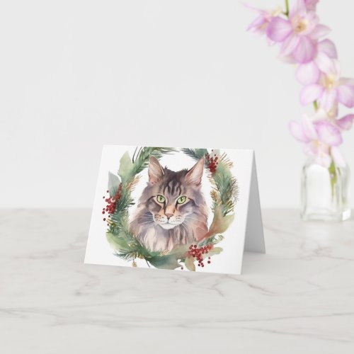 Maine Coon Cat Christmas Wreath Festive Kitten Card