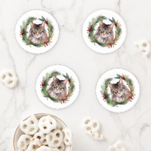 Maine Coon Cat Christmas Wreath Festive Kitten Coaster Set