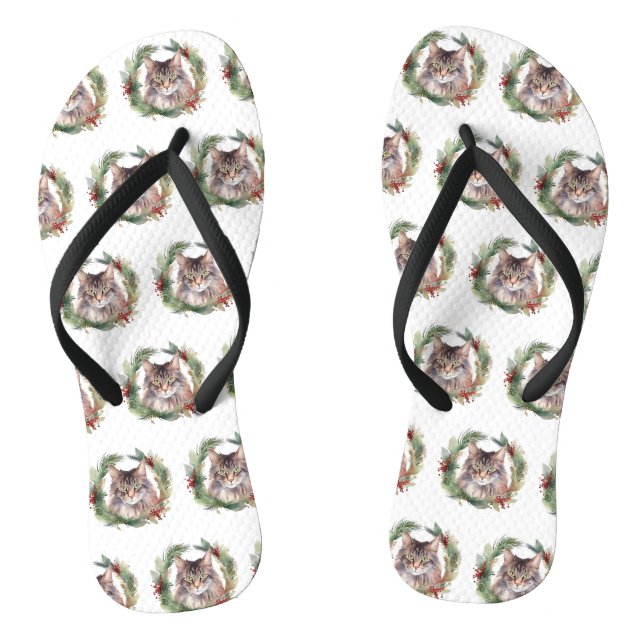 Maine Coon Cat Christmas Wreath Festive Kitten Flip Flops (Footbed)
