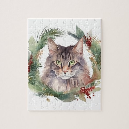 Maine Coon Cat Christmas Wreath Festive Kitten Jigsaw Puzzle