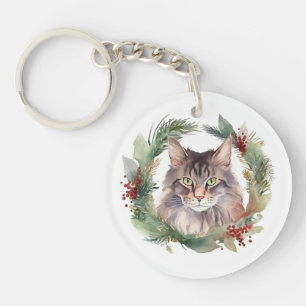 Maine Coon Cat Christmas Wreath Festive Kitten Keychain