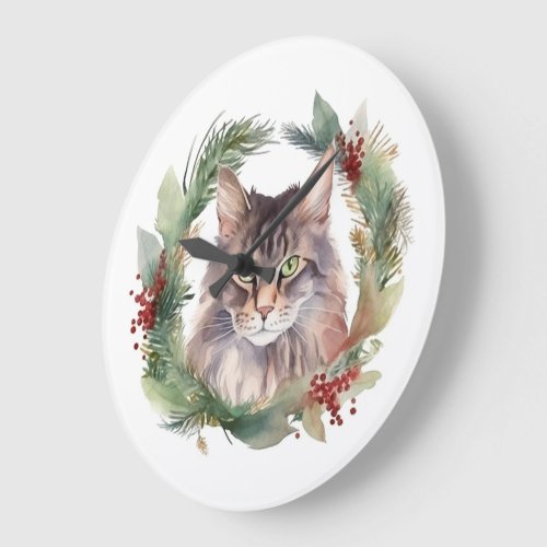 Maine Coon Cat Christmas Wreath Festive Kitten Large Clock