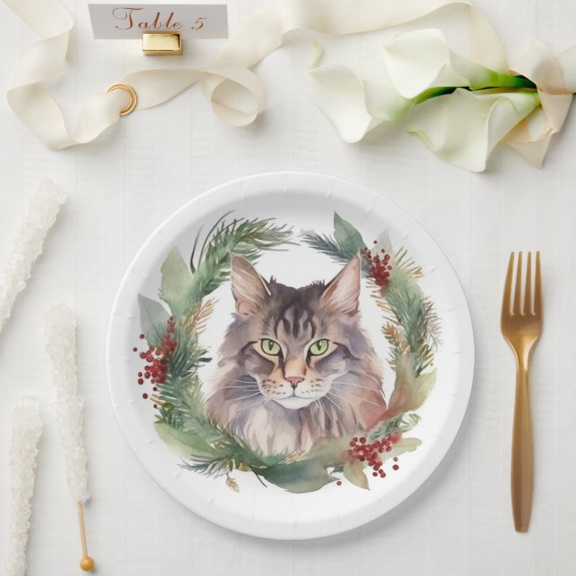 Maine Coon Cat Christmas Wreath Festive Kitten Paper Plates (Wedding)