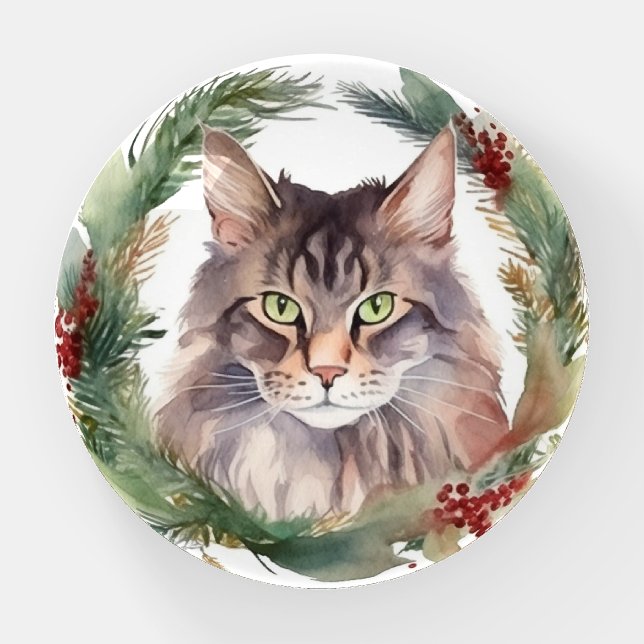 Maine Coon Cat Christmas Wreath Festive Kitten Paperweight (Front)