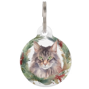 Maine Coon Cat Christmas Wreath Festive Kitten Pet ID Tag