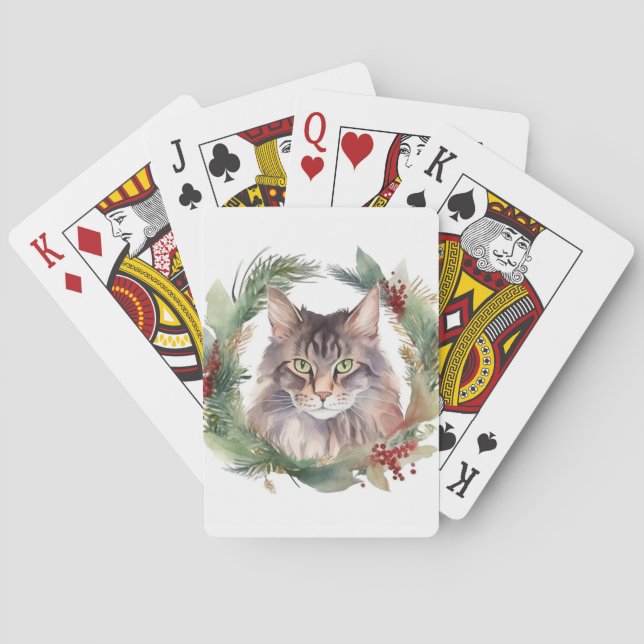 Maine Coon Cat Christmas Wreath Festive Kitten Poker Cards (Back)