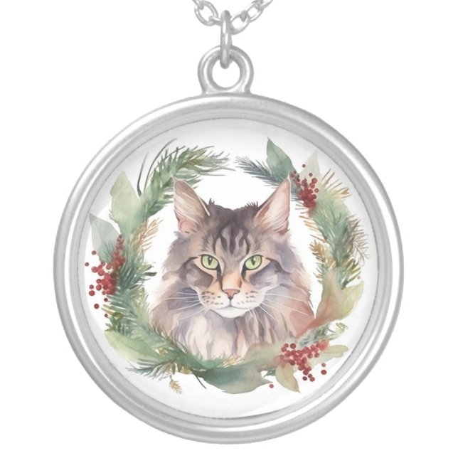 Maine Coon Cat Christmas Wreath Festive Kitten Silver Plated Necklace (Front)