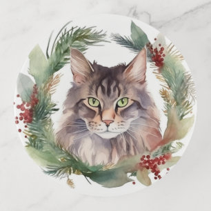 Maine Coon Cat Christmas Wreath Festive Kitten Trinket Tray
