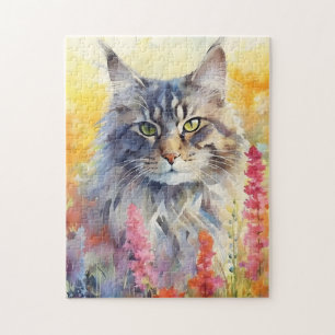 Maine Coon cat colorful watercolor artwork Jigsaw Puzzle