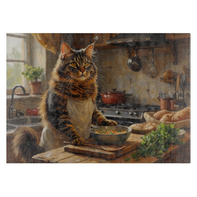 Maine Coon Cat Cooking in Kitchen Cutting Board (Front)