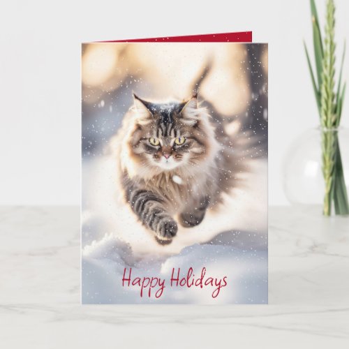 Maine Coon Cat Dashing Through The Snow Holiday Card