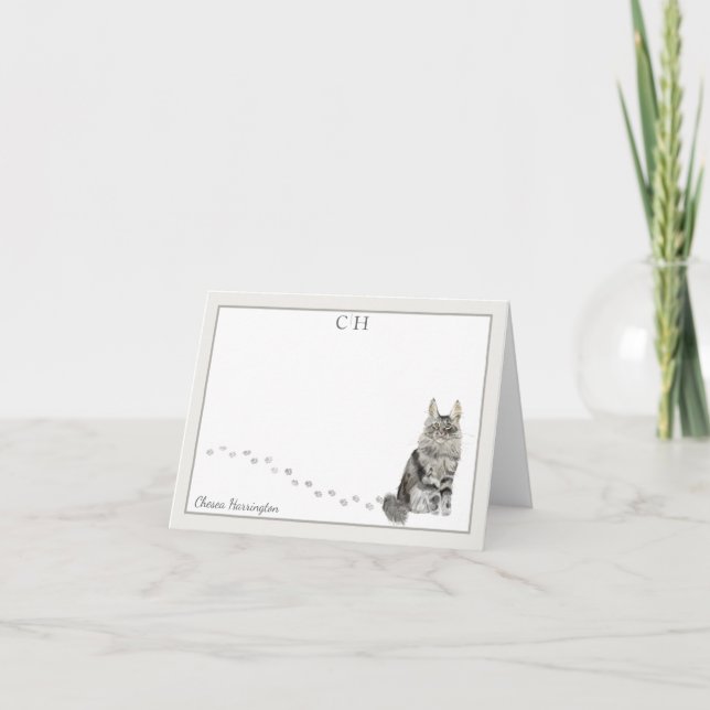 Maine Coon Cat Gray Border Monogram Name Folded Thank You Card (Front)