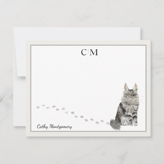 Maine Coon Cat Gray Border Monogram Name Note Card (Front)