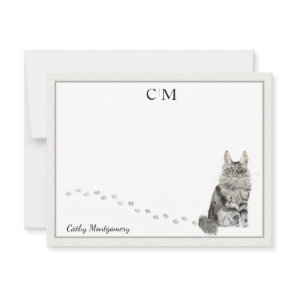 Maine Coon Cat Gray Border Monogram Name Note Card